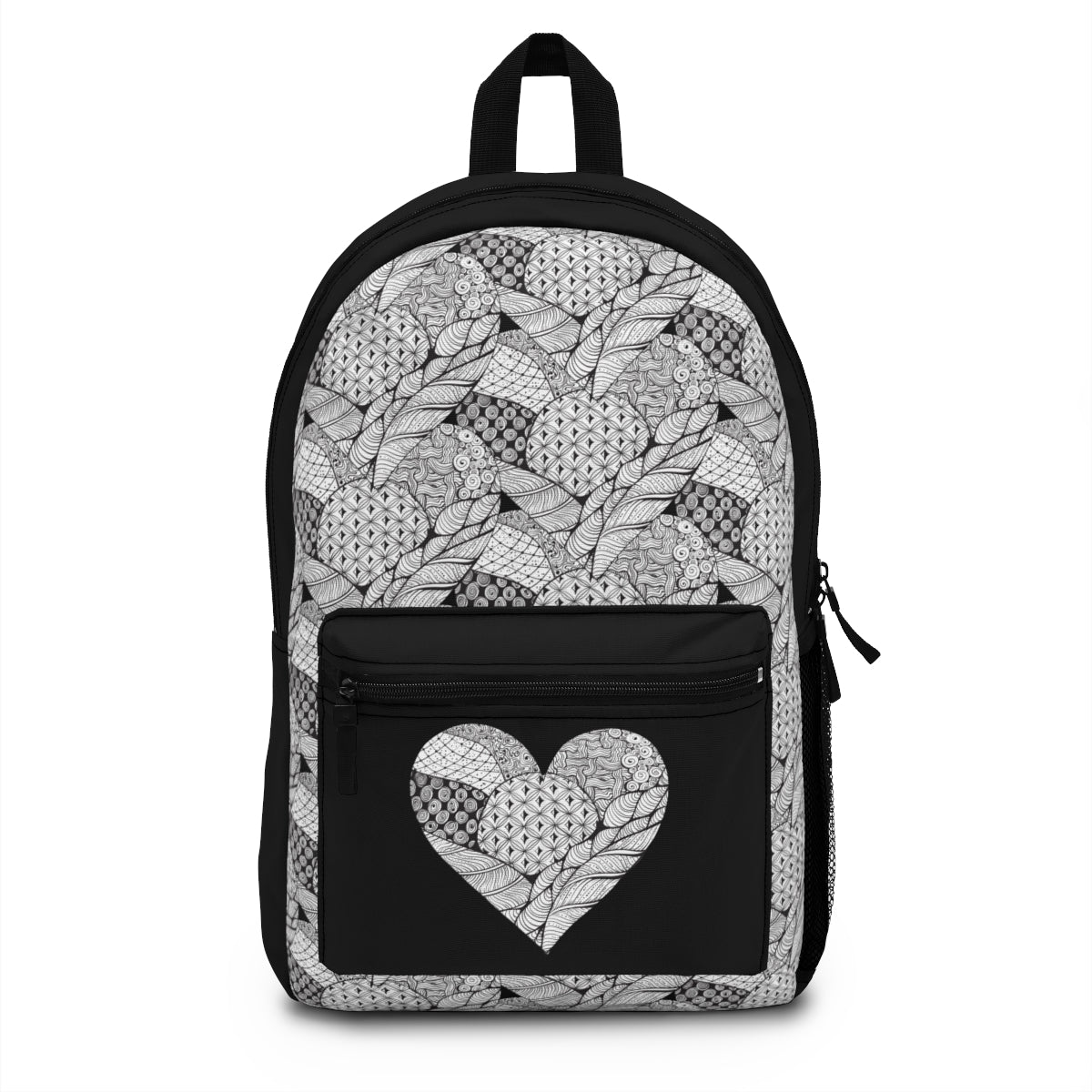 Lightweight polyester backpack with a patterned heart design, ideal for back-to-school, featuring adjustable straps and waterproof material.