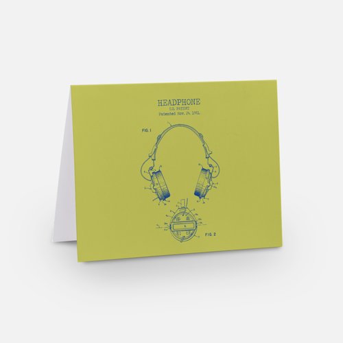 Set of 8 patent-inspired note cards featuring 1928 Ukulele, 1920 Speedster, 1899 Roller Skate, and 1981 Headphones designs.