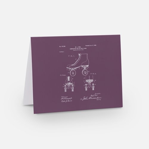 Set of 8 patent-inspired note cards featuring 1928 Ukulele, 1920 Speedster, 1899 Roller Skate, and 1981 Headphones designs.