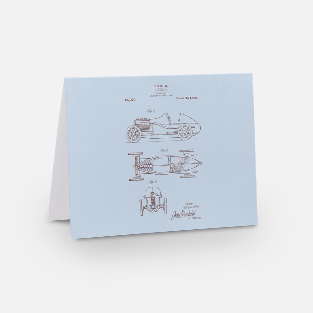 Set of 8 patent-inspired note cards featuring 1928 Ukulele, 1920 Speedster, 1899 Roller Skate, and 1981 Headphones designs.