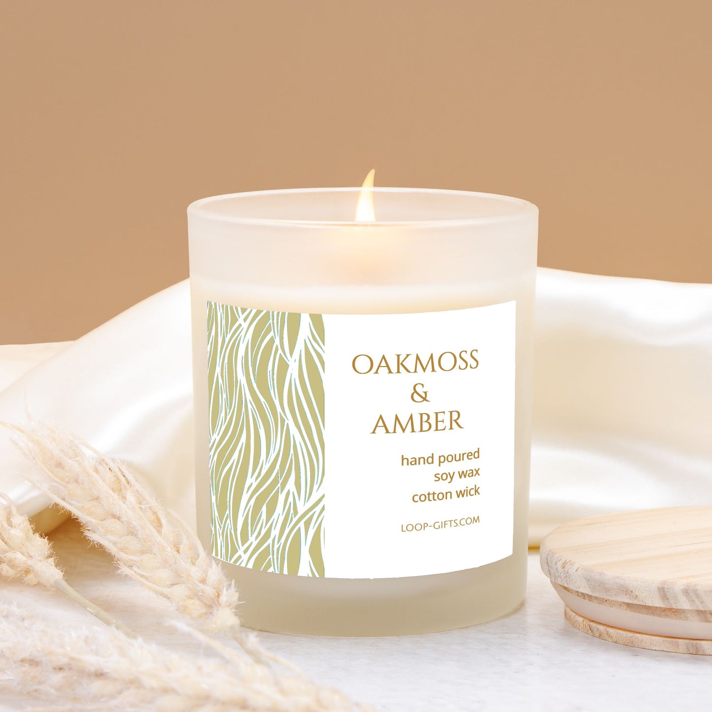 Eco-friendly soy candle with oakmoss and amber scent, wood wick, and 50+ hour burn time.