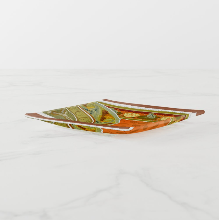 Side view of a 6"x6" decorative glass tray with a translucent stand, showcasing a colorful Art Nouveau design.