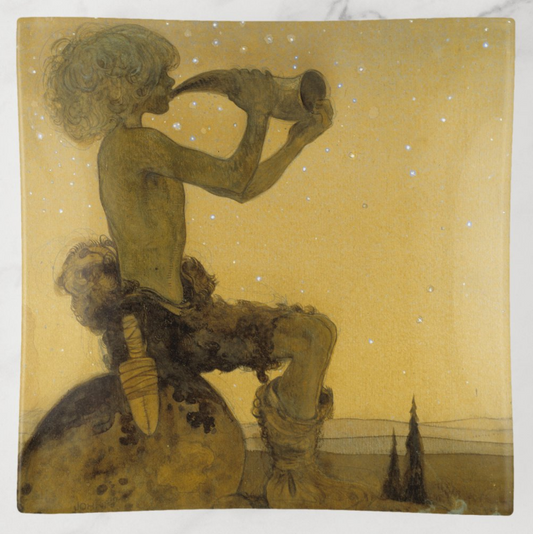 Glass tray featuring John Bauer’s 1910 artwork "Vill Vallareman (Fairy Shepherd)," showing a fairy blowing a horn under a golden, starry sky.