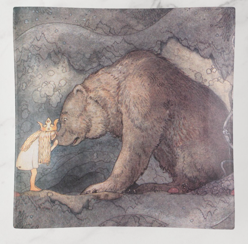 6"x6" glass decorative tray with John Bauer’s fairy tale illustration, displayed upright with a translucent stand.