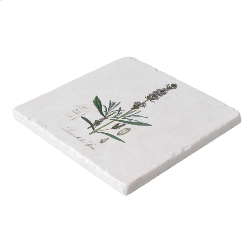 Marble trivet with lavender flower botanical illustration, cork backing, and plastic display stand.