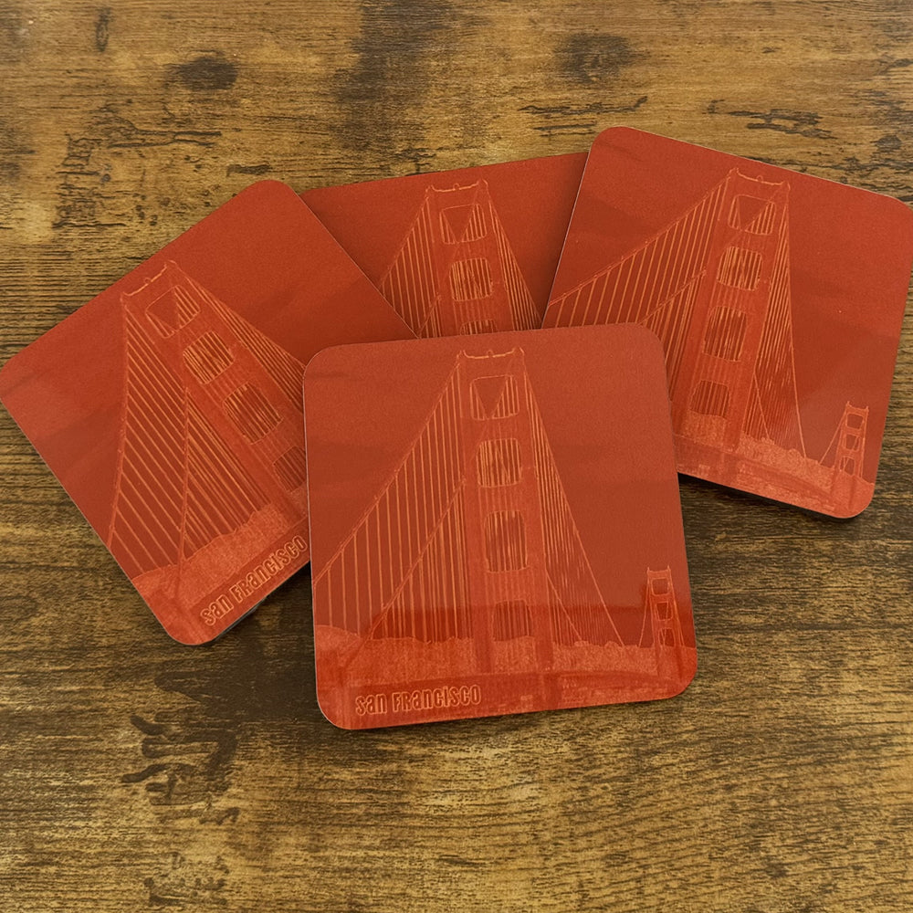 Golden Gate Bridge coaster set with hard acrylic top and cork backing, featuring San Francisco’s iconic landmark.