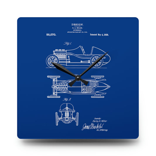 1920s Blue race car patent design clock with acrylic finish, inspired by Harry Miller's original design, perfect for office or man cave decor.