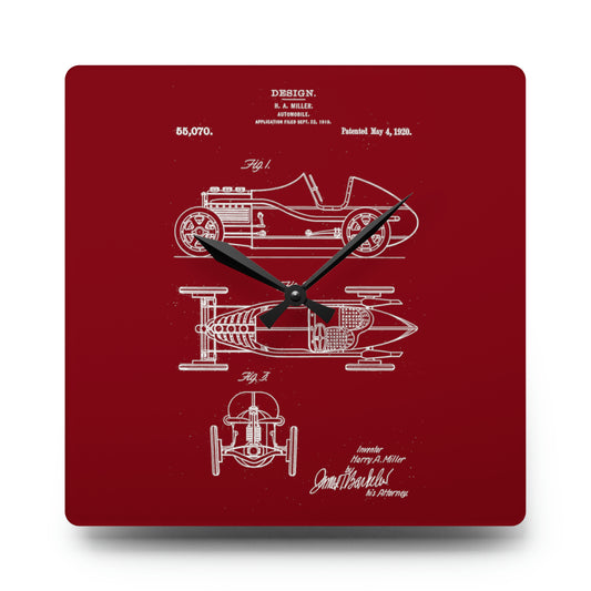 1920s race car patent design clock with acrylic finish, inspired by Harry Miller's original design, perfect for office or man cave decor.