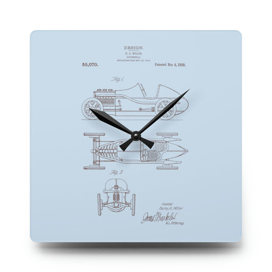 1920s race car patent design clock with acrylic finish, inspired by Harry Miller's original design, perfect for office or man cave decor.